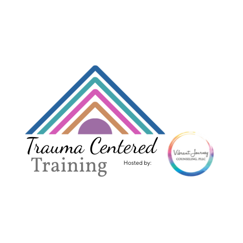 Trauma Centered Training logo with stacked, housetop-like chevron lines in blue, teal, pink, and gold over a purple half-circle, hosted by the Vibrant Journey Counseling, PLLC circular logo.